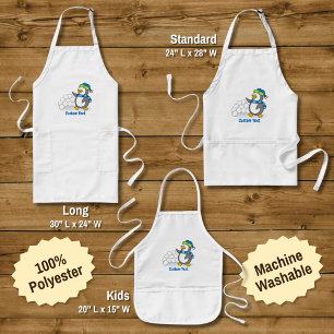 Little penguin with snow balls waving long apron