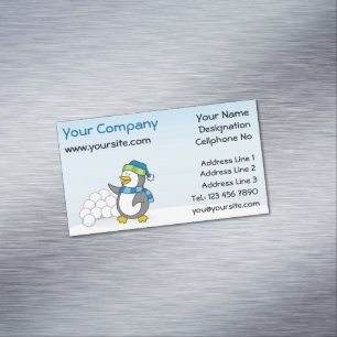 Little penguin with snow balls waving magnetic business card