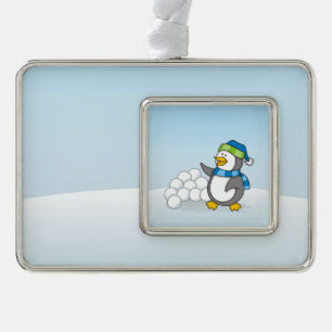 Little penguin with snow balls waving silver plated framed ornament