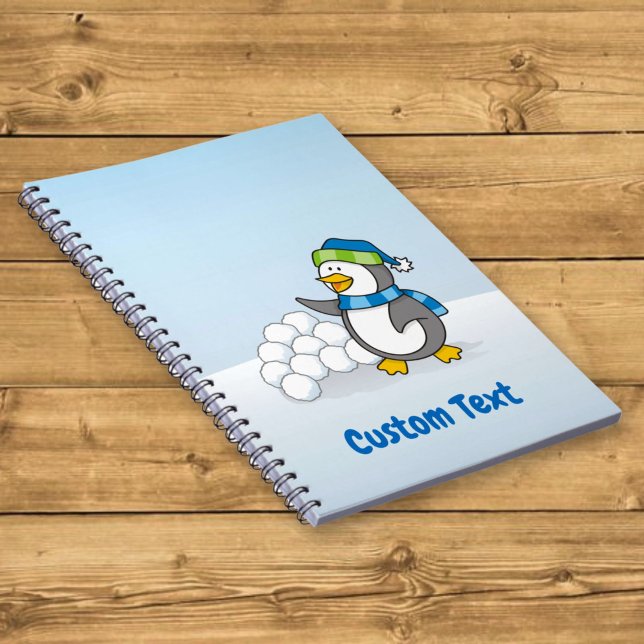 Little penguin with snow balls waving spiral notebook (Creator Uploaded)