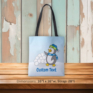 Little penguin with snow balls waving tote bag
