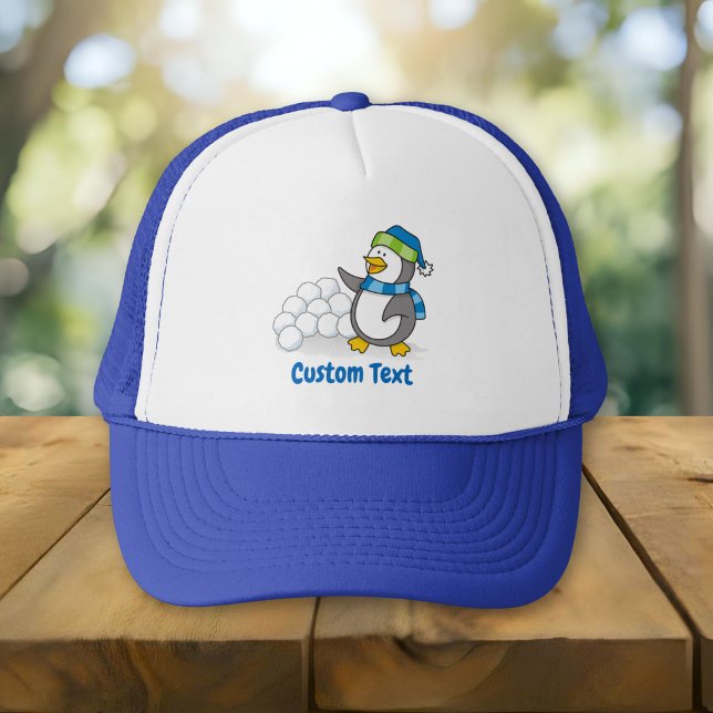 Little penguin with snow balls waving trucker hat (Creator Uploaded)