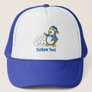 Little penguin with snow balls waving trucker hat