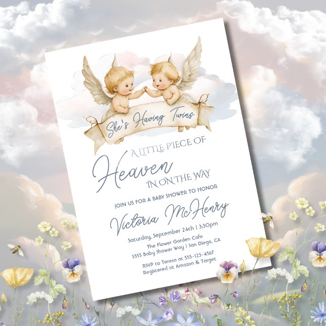 Little Piece of Heaven Angel Twin Baby Shower Invitation (Creator Uploaded)