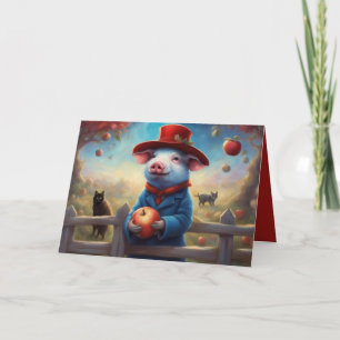 Little pig in red and blue suit birthday holiday card