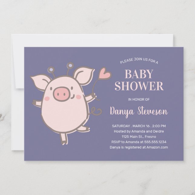 Little Piggy With Balloon Pink Purple Baby Shower Invitation (Front)