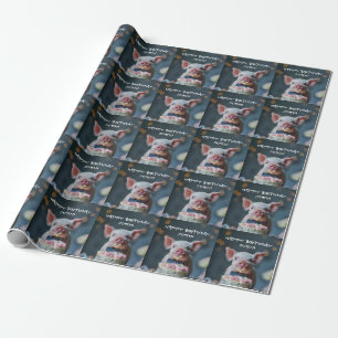 Little piglet munching on a birthday cake wrapping paper