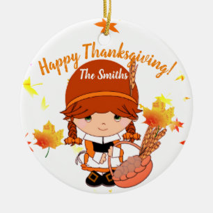 Little Pilgrim Thanksgiving Custom Ceramic Tree Decoration