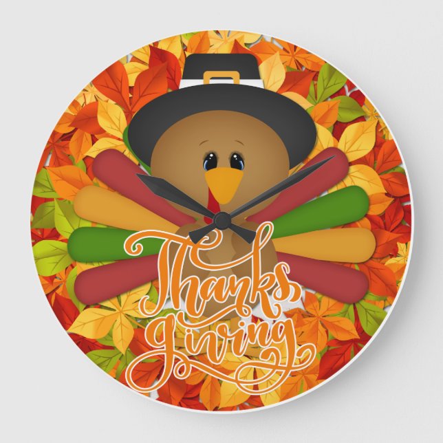 Little Pilgrim Turkey Thanksgiving Large Clock (Front)