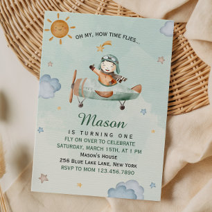 Little Pilot Aeroplane Green Sky First Birthday Invitation