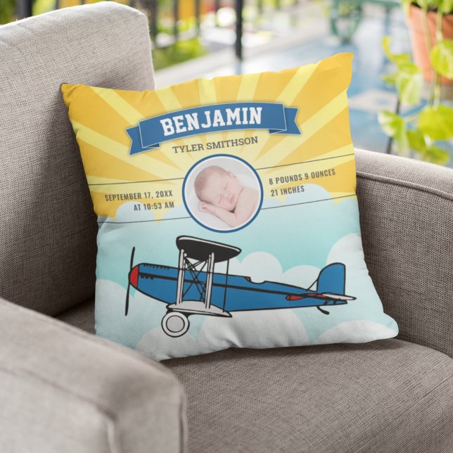 Little Pilot Blue Aeroplane Baby Photo Birth Stats Cushion (Creator Uploaded)