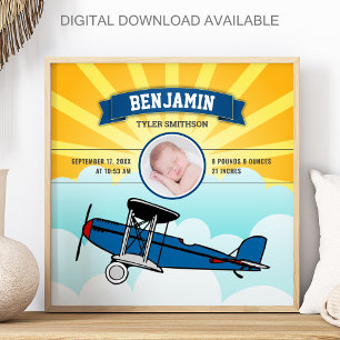 Little Pilot Blue Airplane Baby Photo Birth Stats Poster