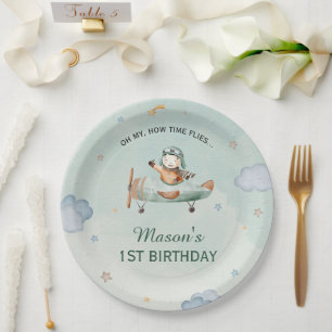 Little Pilot Green Sky 1st Birthday Aeroplane Part Paper Plate