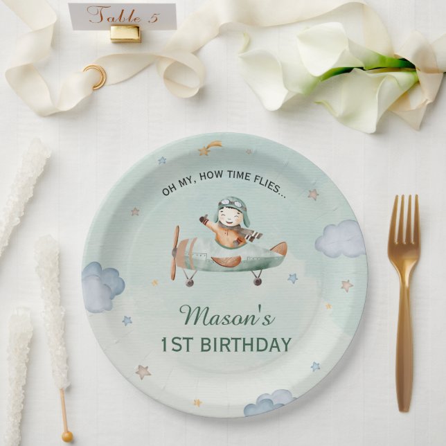 Little Pilot Green Sky 1st Birthday Airplane Party Paper Plate (Wedding)