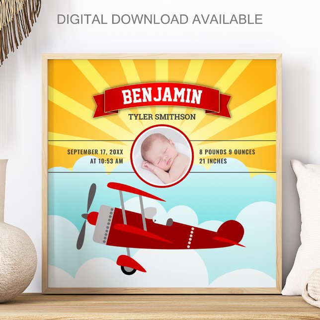 Little Pilot Red Airplane Baby Photo Birth Stats Poster (Creator Uploaded)