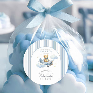 Little Pilot Teddy Bear Baby Boy Shower Classic Round Sticker
