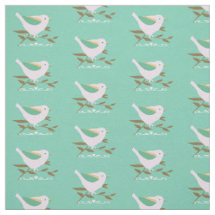 Little pink bird on mint background fabric