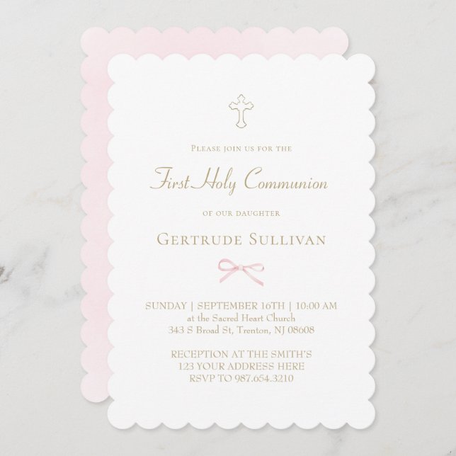little pink bow | First Holy Communion Invitation (Front/Back)
