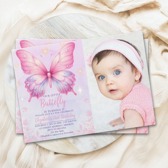 Little Pink Butterfly - Girls' Birthday with Photo Invitation (Creator Uploaded)