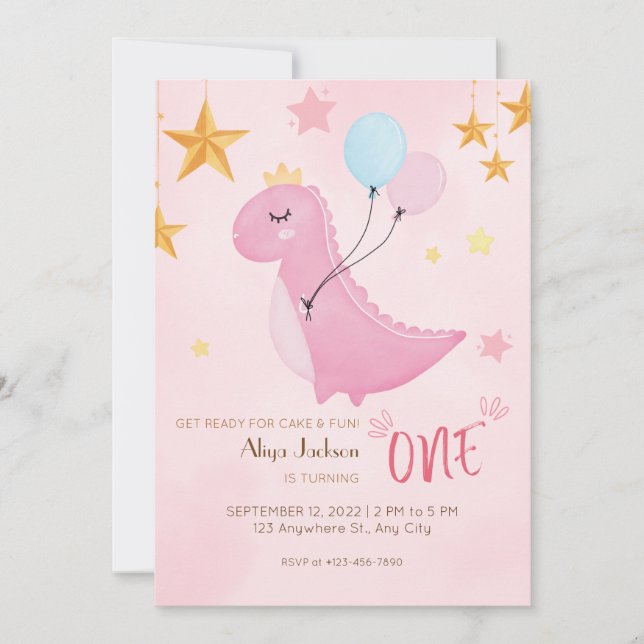 Little Pink Dino first birthday Invitation (Front)