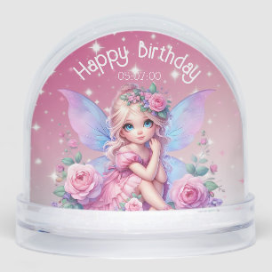 Little PInk Fairy with Roses & Stars Birthday Snowglobe