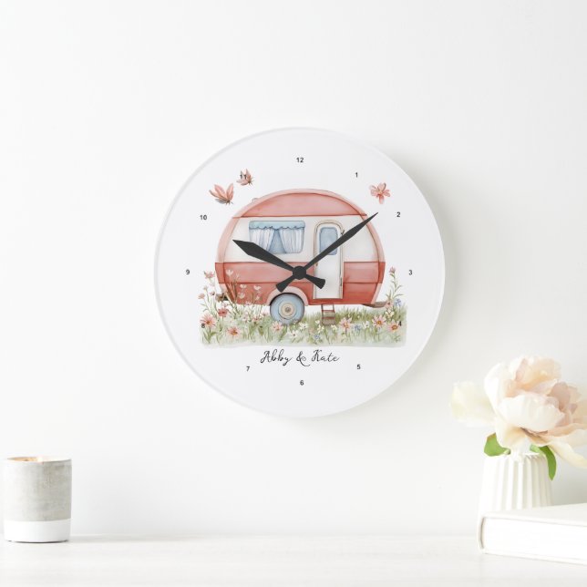 Little Pink Glamper Camper with Butterflies Large Clock (Home)