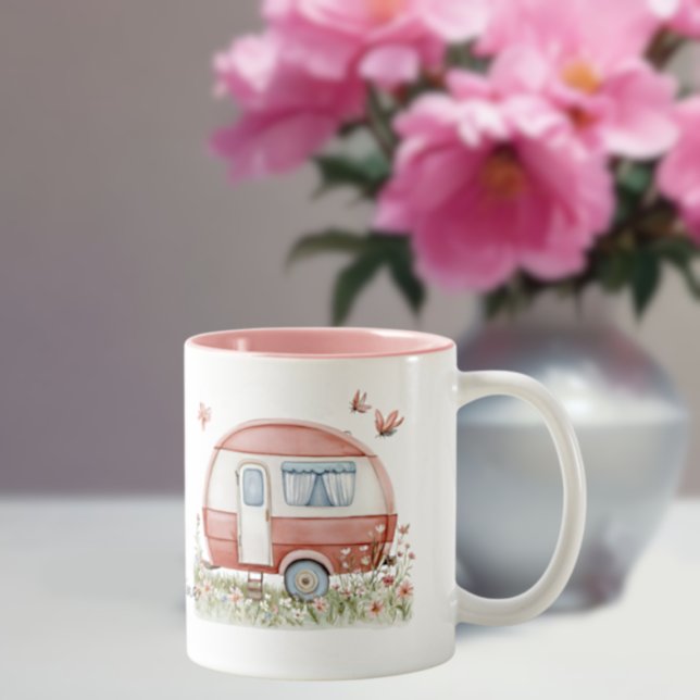 Little Pink Glamper Camper with Butterflies Two-Tone Coffee Mug (Creator Uploaded)