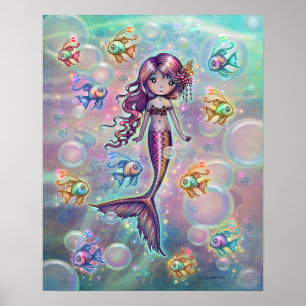 Little Pink Mermaid with Fish and Bubbles Fantasy Poster