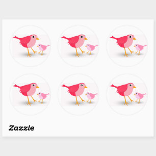 Little Pink Mother Bird & Her Chick Round Sticker