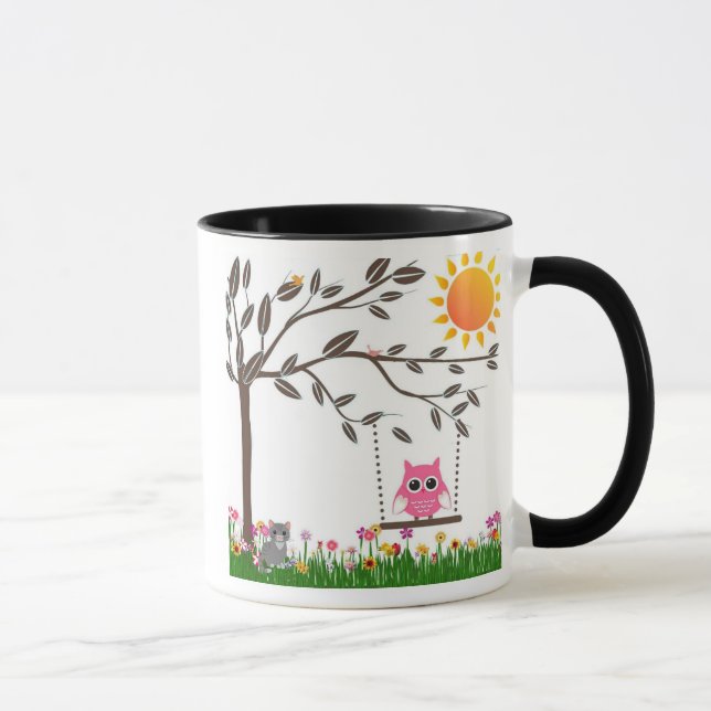 Little Pink Owl Swinging On a Tree Branch Mug (Right)