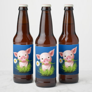 Little pink pig in green grass over blue beer bottle label