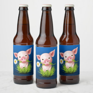 Little pink pig in green grass over blue beer bottle label