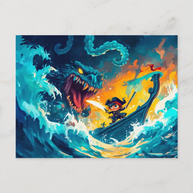 Little Pirate Battling a Sea Monster on the High S Postcard (Front)