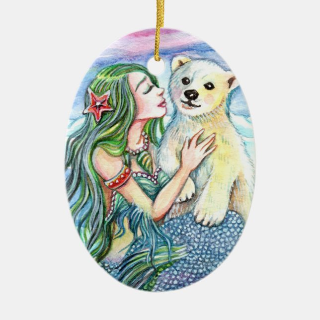 Little Polar Bear Baby - Mermaid Art Ceramic Tree Decoration (Front)