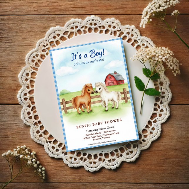 Little Pony Baby Boy Shower Gingham Invitation (Creator Uploaded)