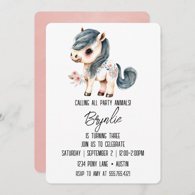 Little Pony Birthday Cute White Horse Pink Invitation (Front/Back)