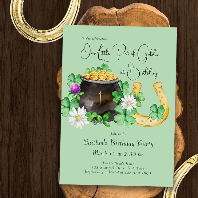 Little Pot of Gold Irish Shamrock Birthday Party Invitation (Irish Theme 1st Birthday Invitation - editable for any age - with pot of gold and lucky horseshoe)
