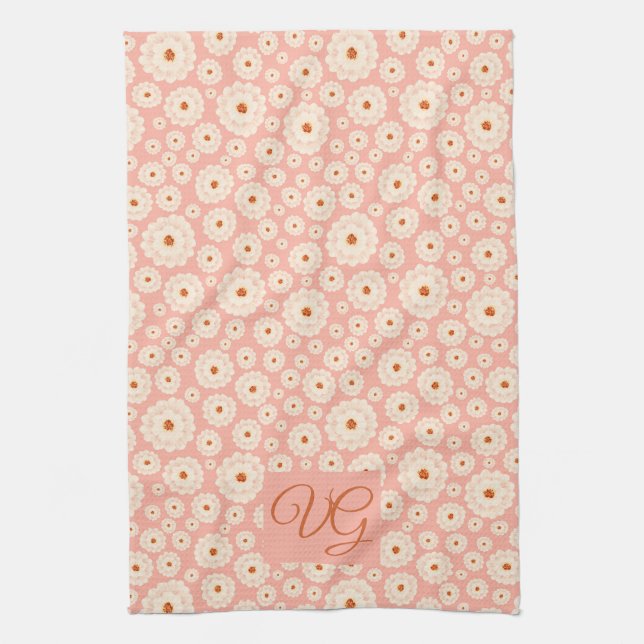 Little Powder Pink Flowers Monogram Kitchen Towel (Vertical)