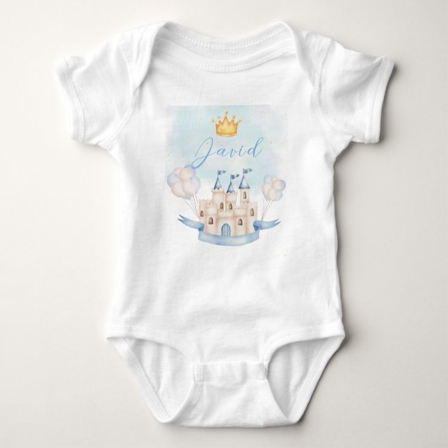 Little Prince baby birthday gold crown blue castle Baby Bodysuit (Front)