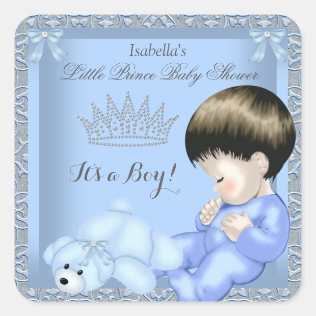 Little Prince Baby Shower Boy Blue Damask Toy 4 Square Sticker (Front)