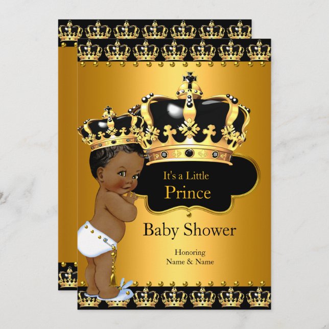 Little Prince Baby Shower Boy Crown Gold Ethnic Invitation (Front/Back)