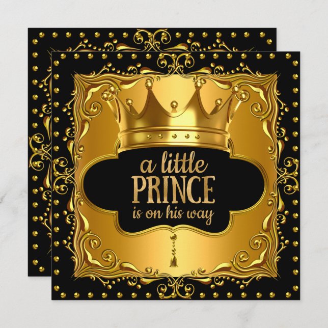 Little Prince Baby Shower Gold Foil Crown Black Invitation (Front/Back)