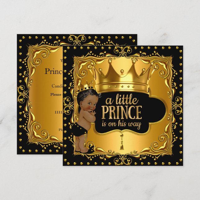 Little Prince Baby Shower Gold Foil Crown Ethnic Invitation (Front/Back)