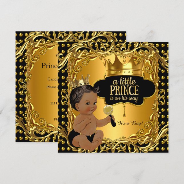 Little Prince Baby Shower Gold Rattle Ethnic Invitation (Front/Back)