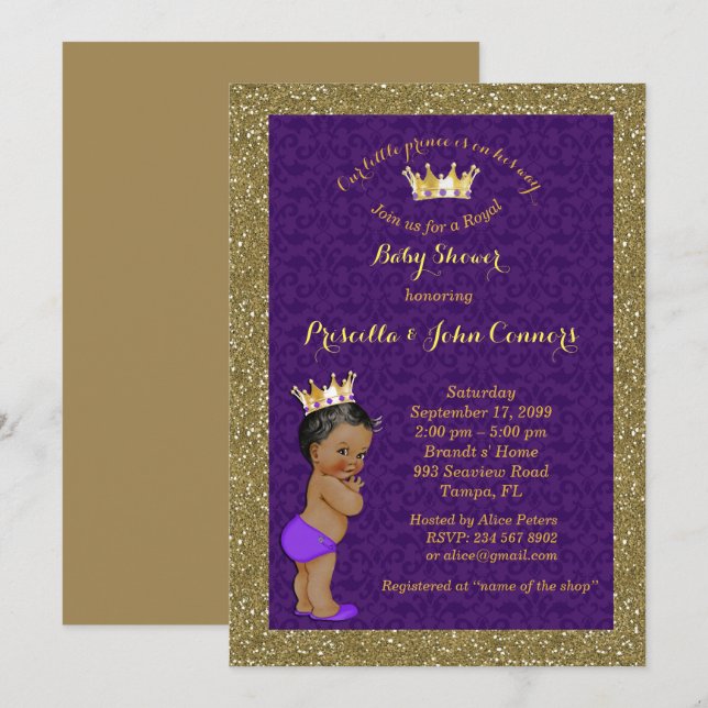 Little Prince Baby Shower Invitation, gold, purple Invitation (Front/Back)