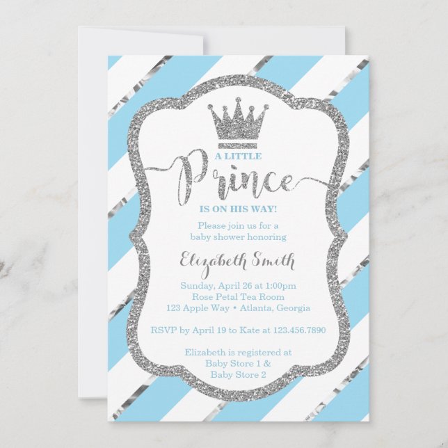 Little Prince Baby Shower Invite, Faux Glitter Invitation (Front)