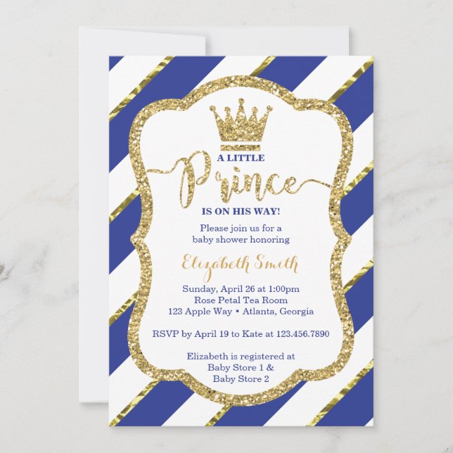 Little Prince Baby Shower Invite, Faux Glitter Invitation (Front)