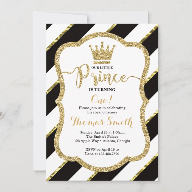 Little Prince Birthday Invitation in Black & Gold (Front)