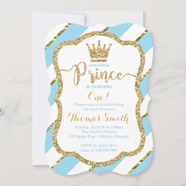Little Prince Birthday Invitation in Blue & Gold (Front)