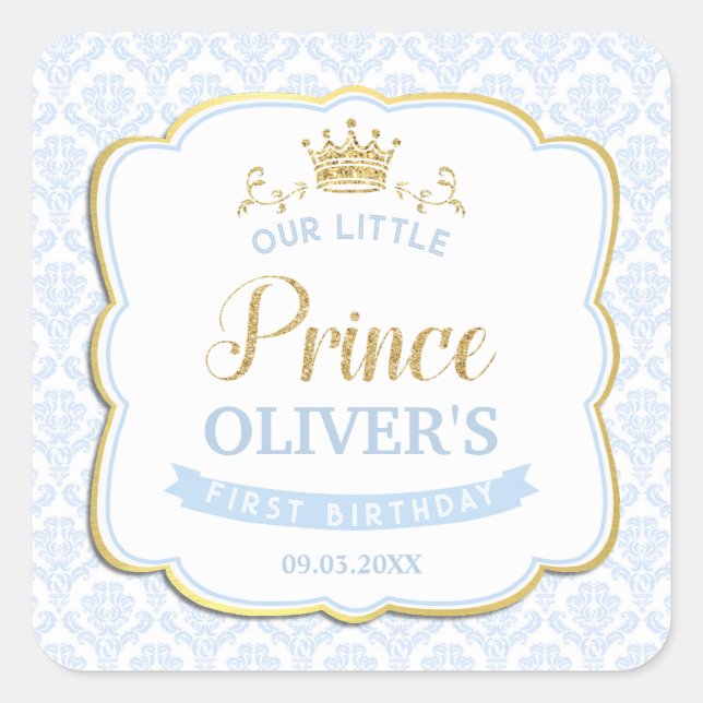 Little Prince Blue Damask Gold Crown 1st Birthday Square Sticker (Front)
